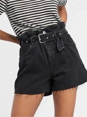 All Saints Paperbag Jean Shorts Black Distressed Denim‎ Women 26 Stretch Waist